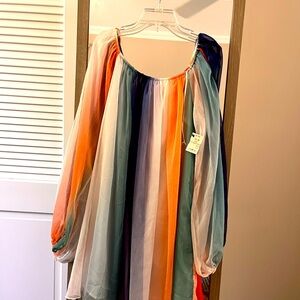 Multi colored striped off shoulder semi sheer sleeves dress Ecru lab size medium